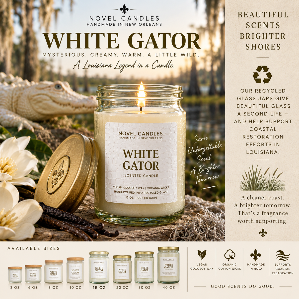 White Gator Candle — Gourmand Vanilla Marshmallow Scent, Handmade in New Orleans Louisiana, Recycled Glass