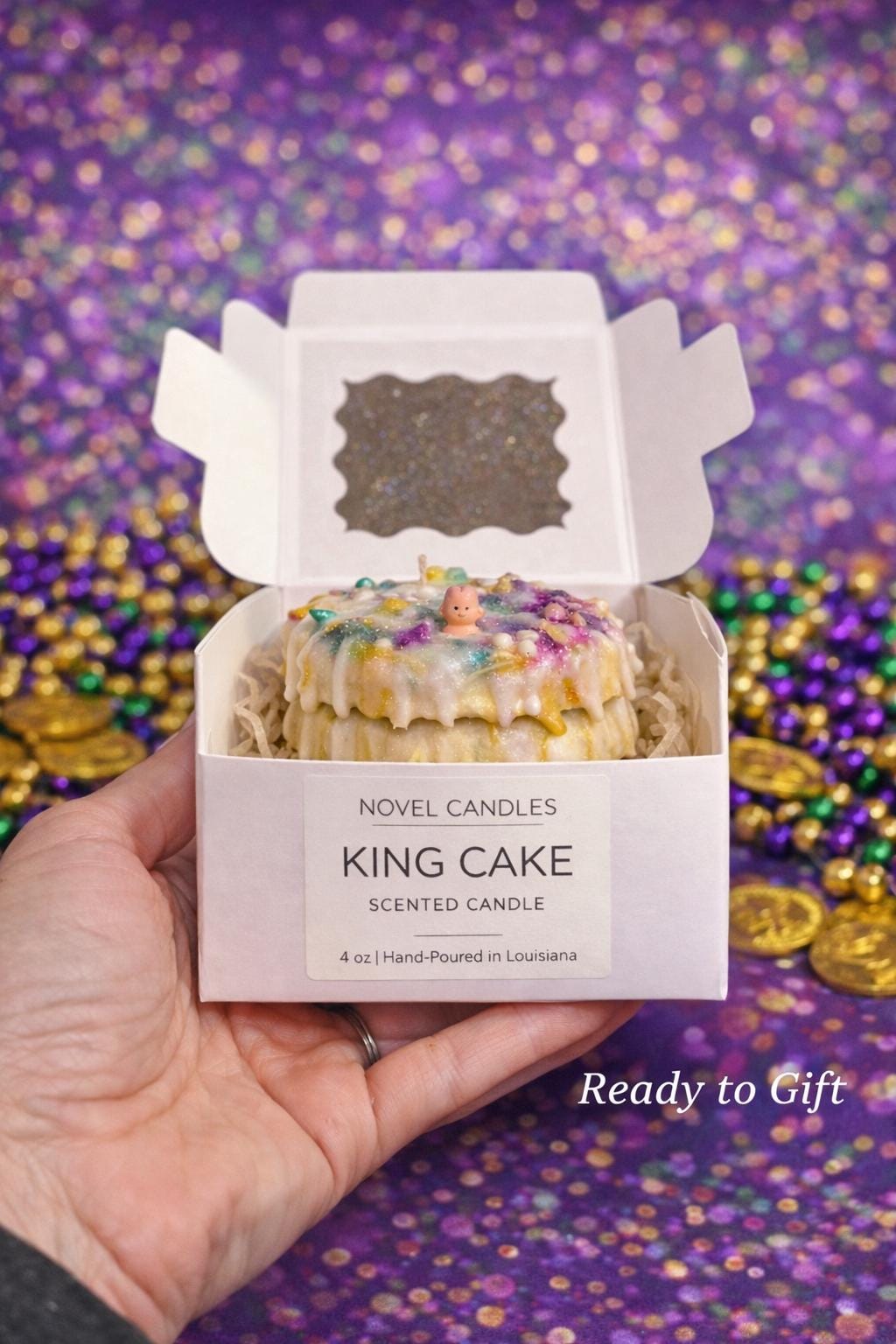 King Cake Scented Candle with Baby | Mardi Gras Decor, NOLA Gift