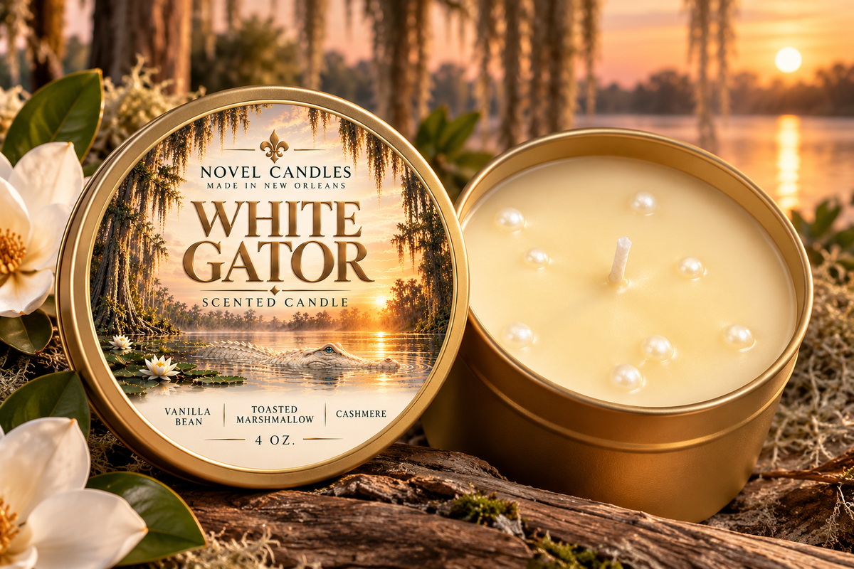 4 oz Gold Tin White Gator Candle | New Orleans Candle, Vanilla, Cashmere, Marshmallow Cream, Rum & Vetiver Scent | Louisiana Gift