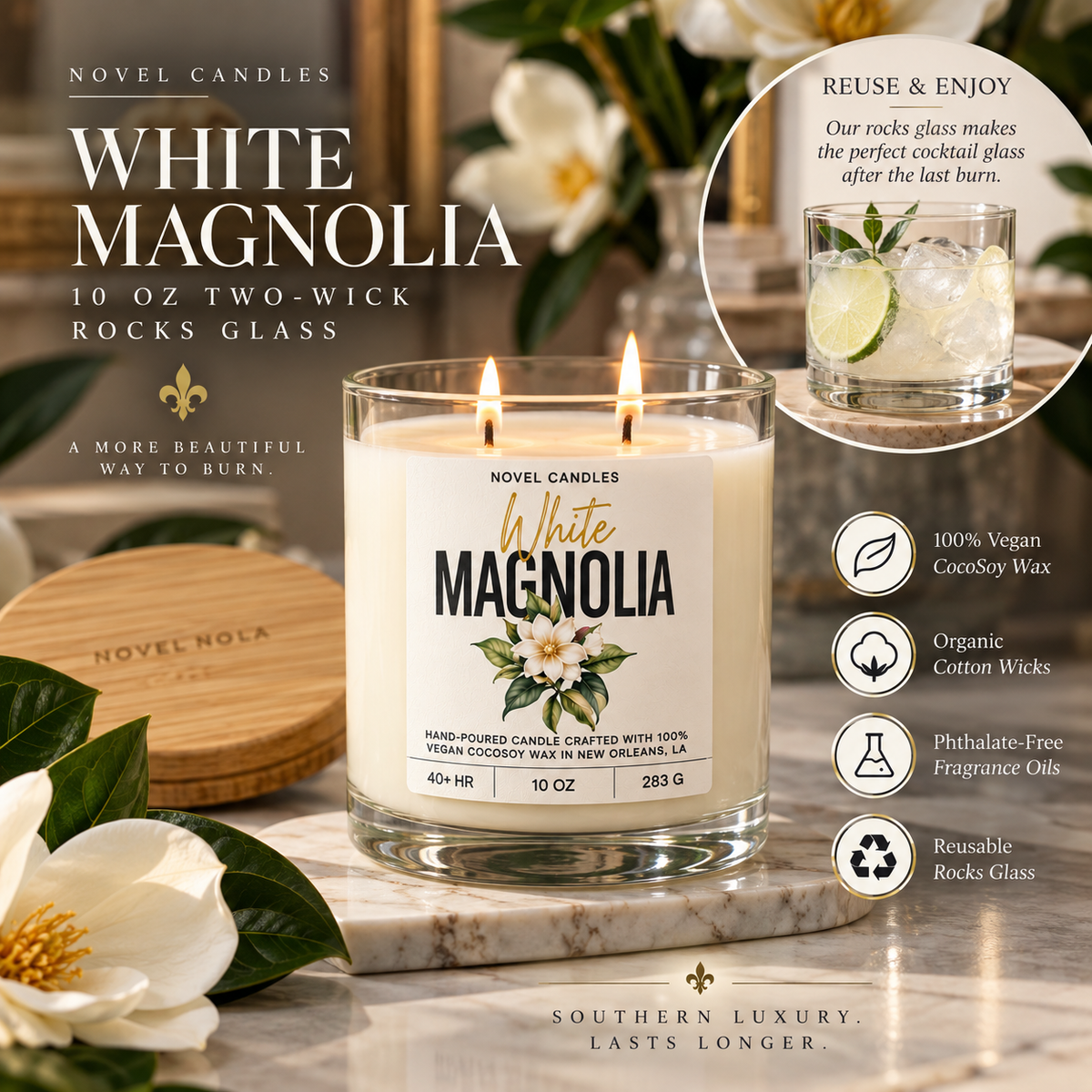 White Magnolia Scented Candle • Fresh Floral, Jasmine & Gardenia Scent, Handmade in New Orleans, Southern Home Decor in Reusable Glass
