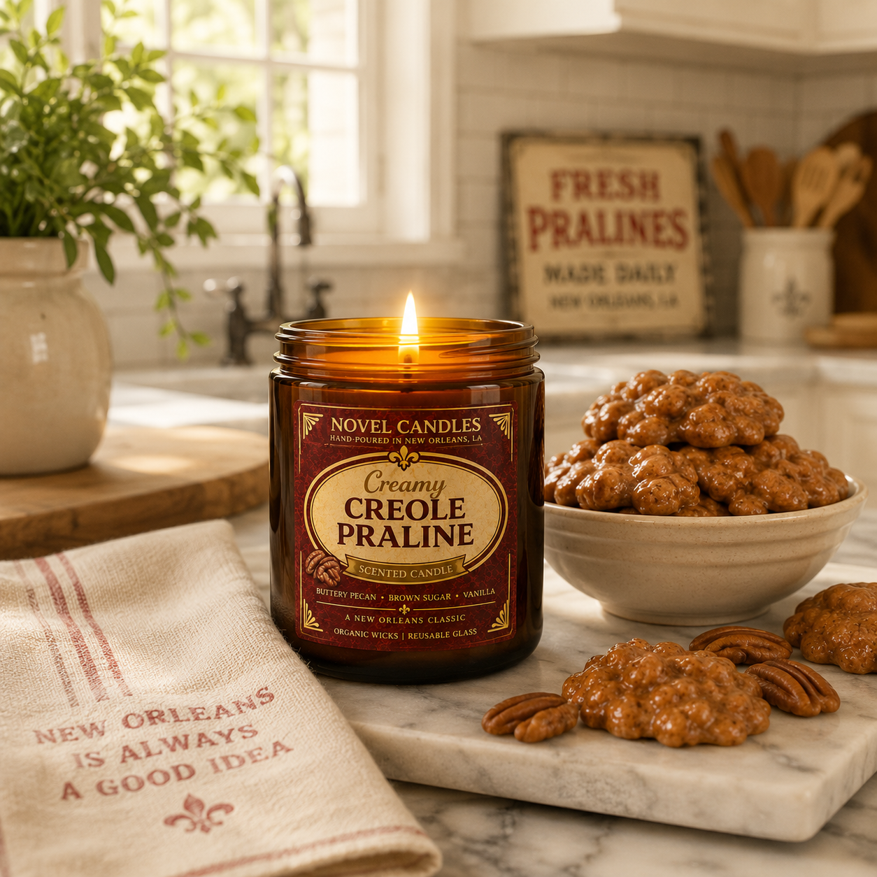 8 oz Creamy Creole Praline Candle | Buttery Pecan & Brown Sugar Scent | Handmade in New Orleans Inspired | Vegan Coco-Soy Wax | Reusable Glass