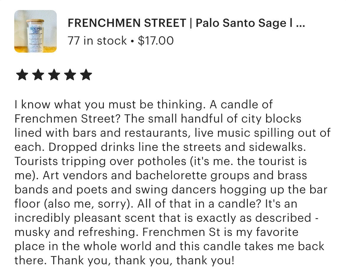 Frenchmen Street Candle: Palo Santo Sage Scent, Vegan CocoSoy Wax