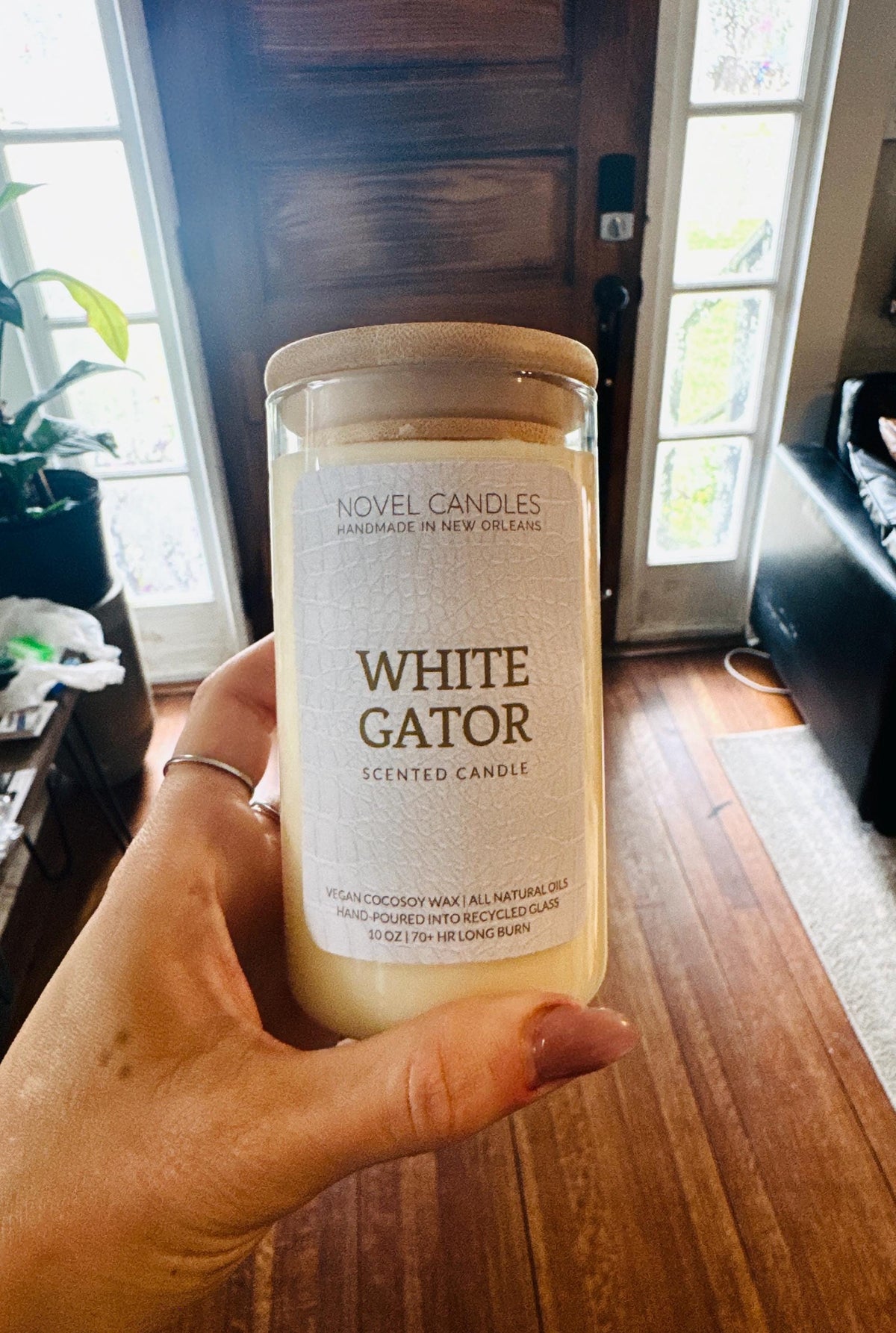 White Gator Candle — Gourmand Vanilla Marshmallow Scent, Handmade in New Orleans Louisiana, Recycled Glass