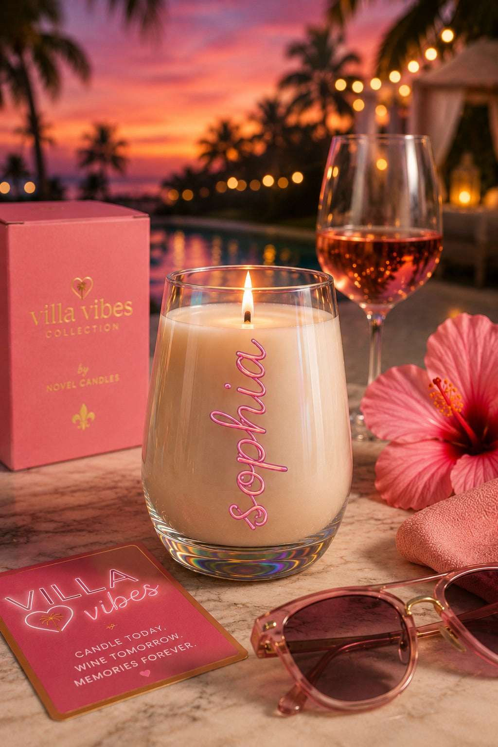 Personalized Villa Wine Tumbler Candle 🏝️ | Fiji Island USA Villa Inspired Coconut Soy Candles | Tropical Vacation Scented | Summer Gift | Limited Edition