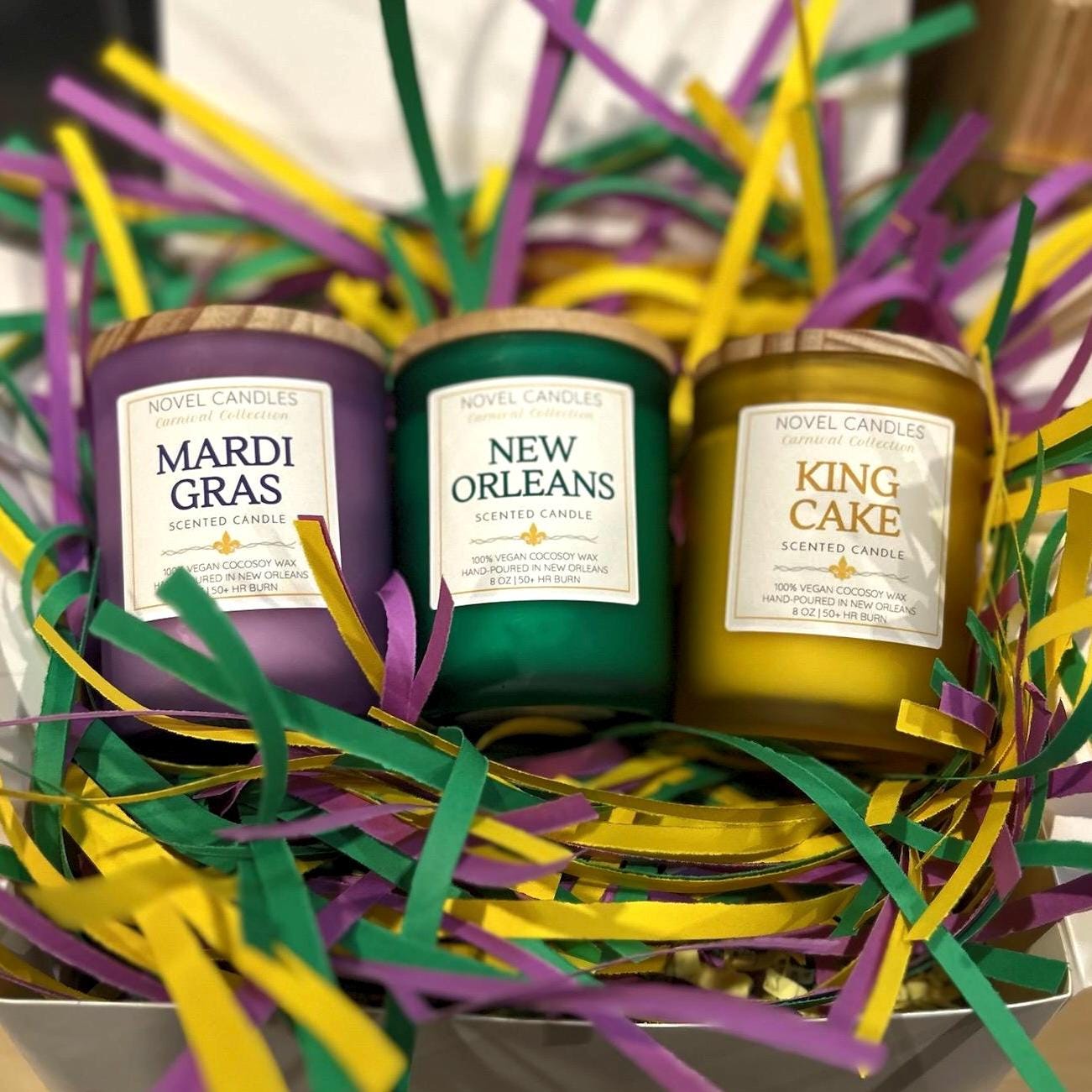 Mardi Gras Candle Trio Gift Set – New Orleans Scents, Wood Lids