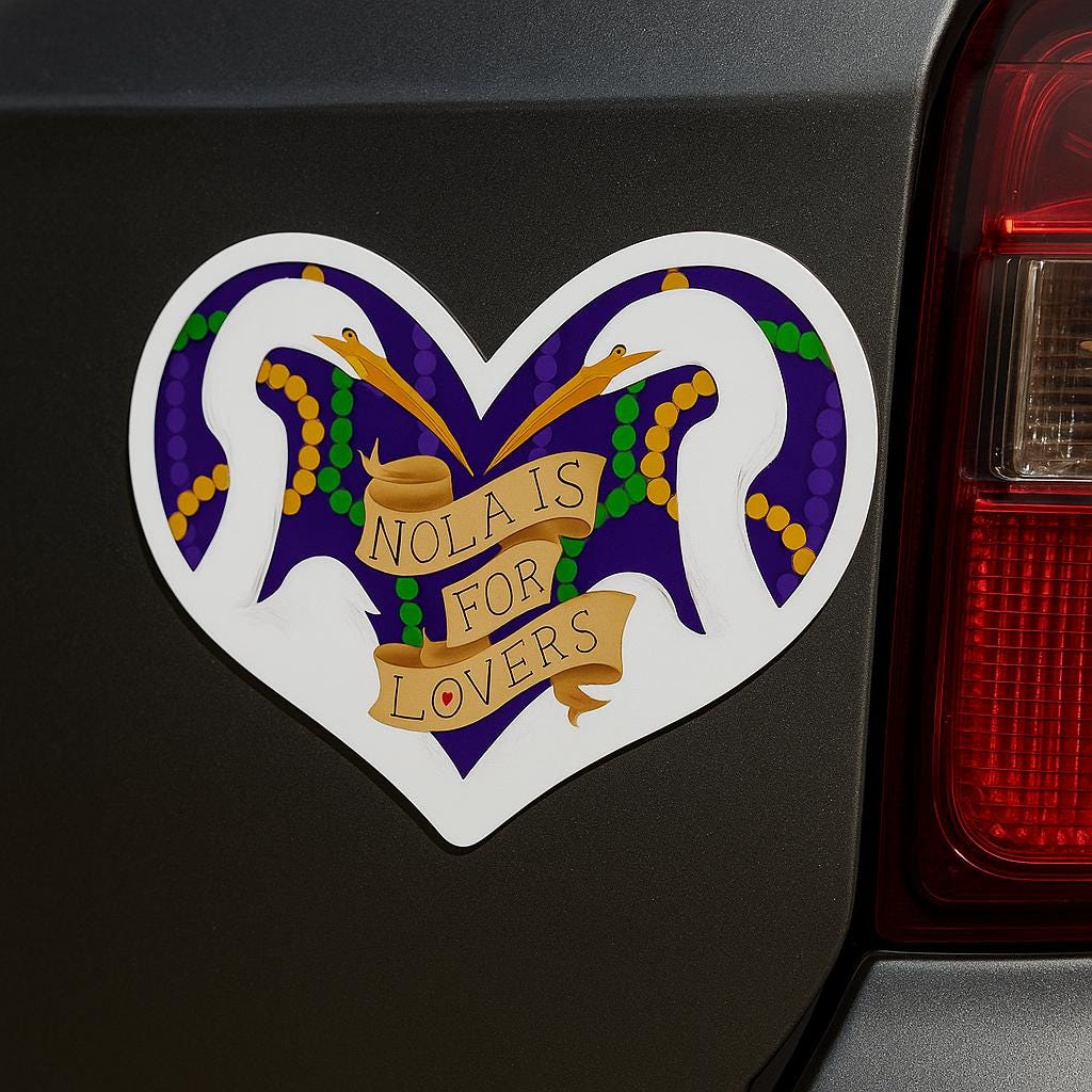 NOLA IS FOR LOVERS Magnet —New Orleans Heart Magnet,  Egrets Lovebirds in Mardi Gras Beads, Louisiana Gift Draw by Local Artist