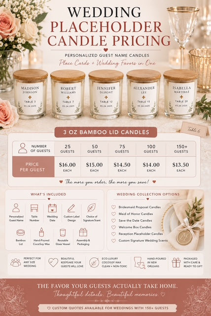 Personalized Wedding Place Card Candle | Custom Wedding Favor | Guest Name Candle | Table Number Candle | Wedding Reception Decor