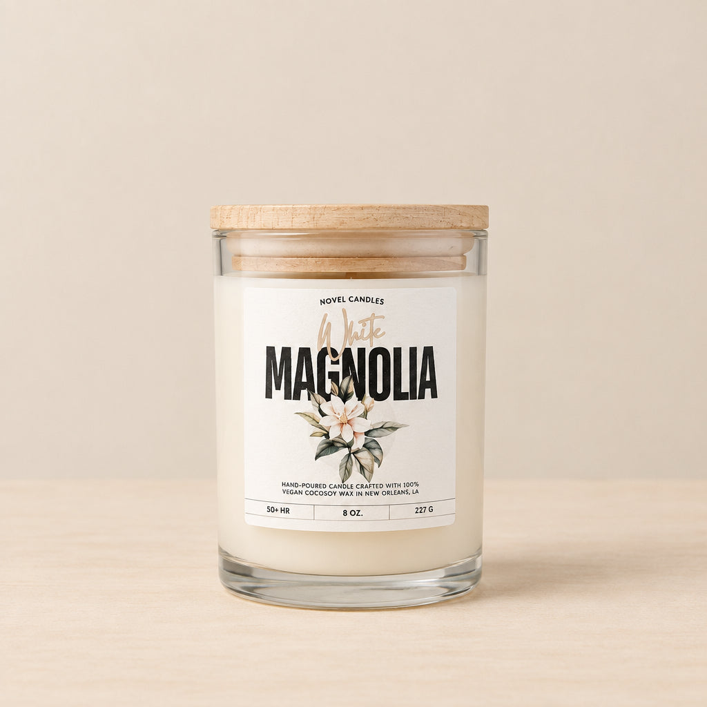 White Magnolia Scented Candle • Fresh Floral, Jasmine & Gardenia Scent, Handmade in New Orleans, Southern Home Decor in Reusable Glass