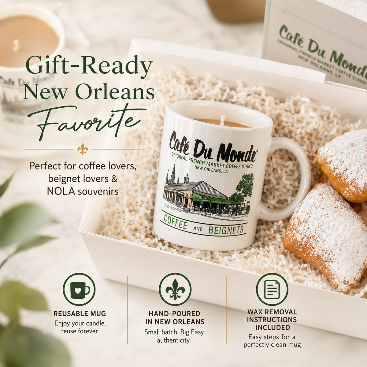 Official Cafe Du Monde Mug Candle – Beignets & Coffee Scent, 10oz Reusable Coffee Mug, New Orleans Souvenir Gift