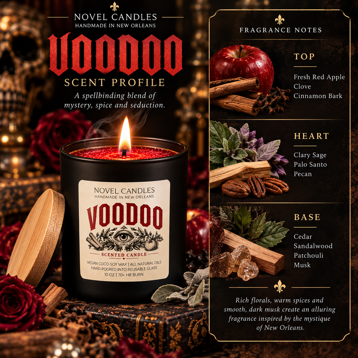 VOODOO Candle: Apple Cinnamon Palo Santo Sage Scented, Color-Changing Wax, Made in New Orleans Themed Halloween Fall Witchy Candle