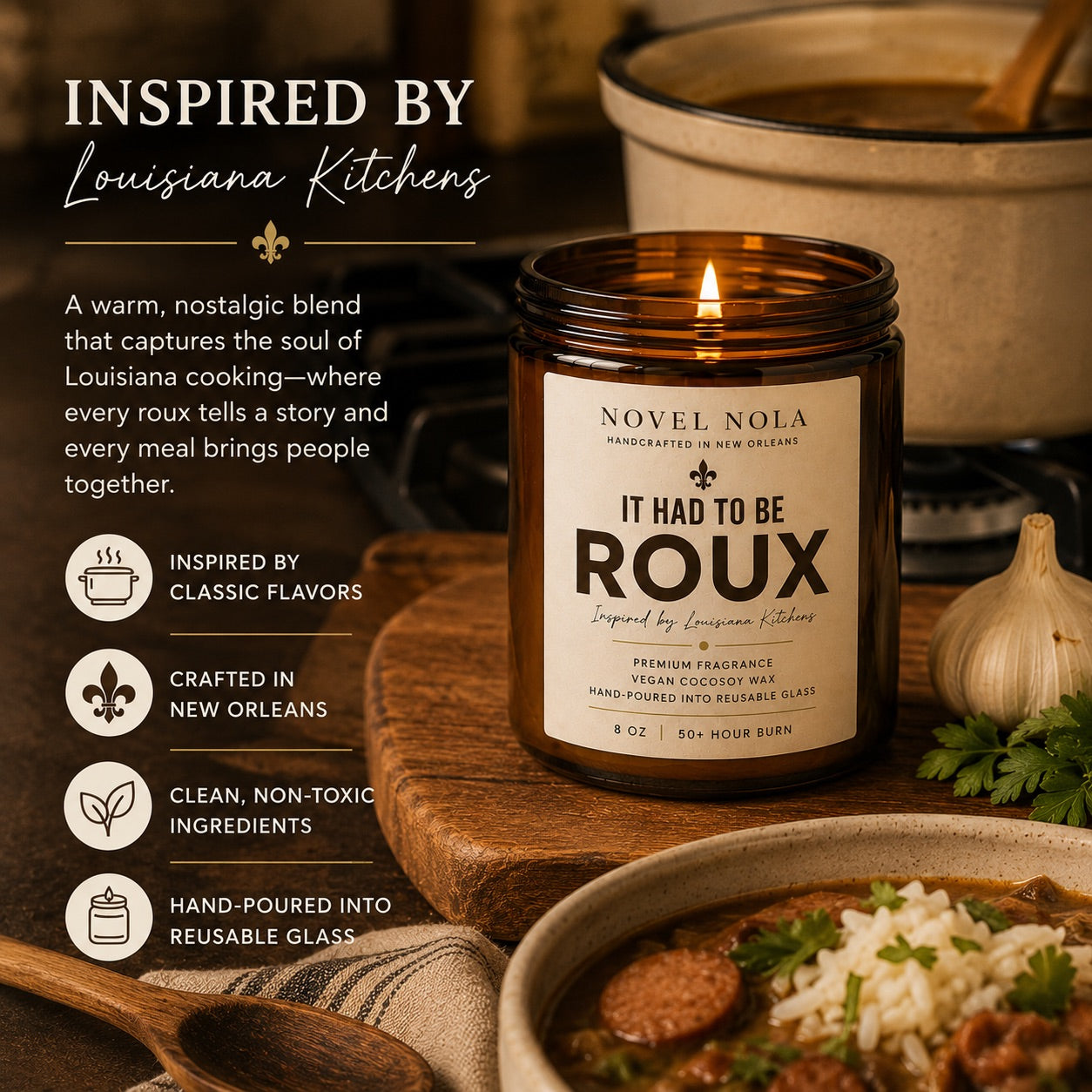 It Had to Be Roux Candle | Louisiana Kitchen Candle | Toasted Almond, Oak & Smoked Vanilla | Hand-Poured in New Orleans