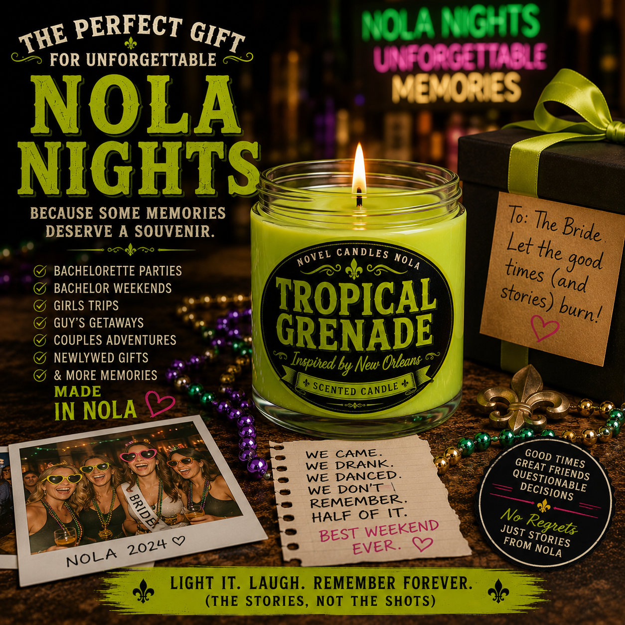 TROPICAL GRENADE Candle | New Orleans Inspired Citrus Melon Cocktail Scent | Novelty Neon Green Candle | Bourbon Street Gift | NOLA Souvenir