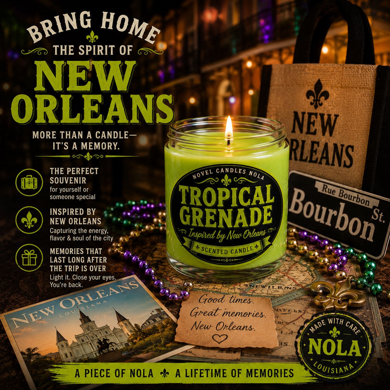 TROPICAL GRENADE Candle | New Orleans Inspired Citrus Melon Cocktail Scent | Novelty Neon Green Candle | Bourbon Street Gift | NOLA Souvenir