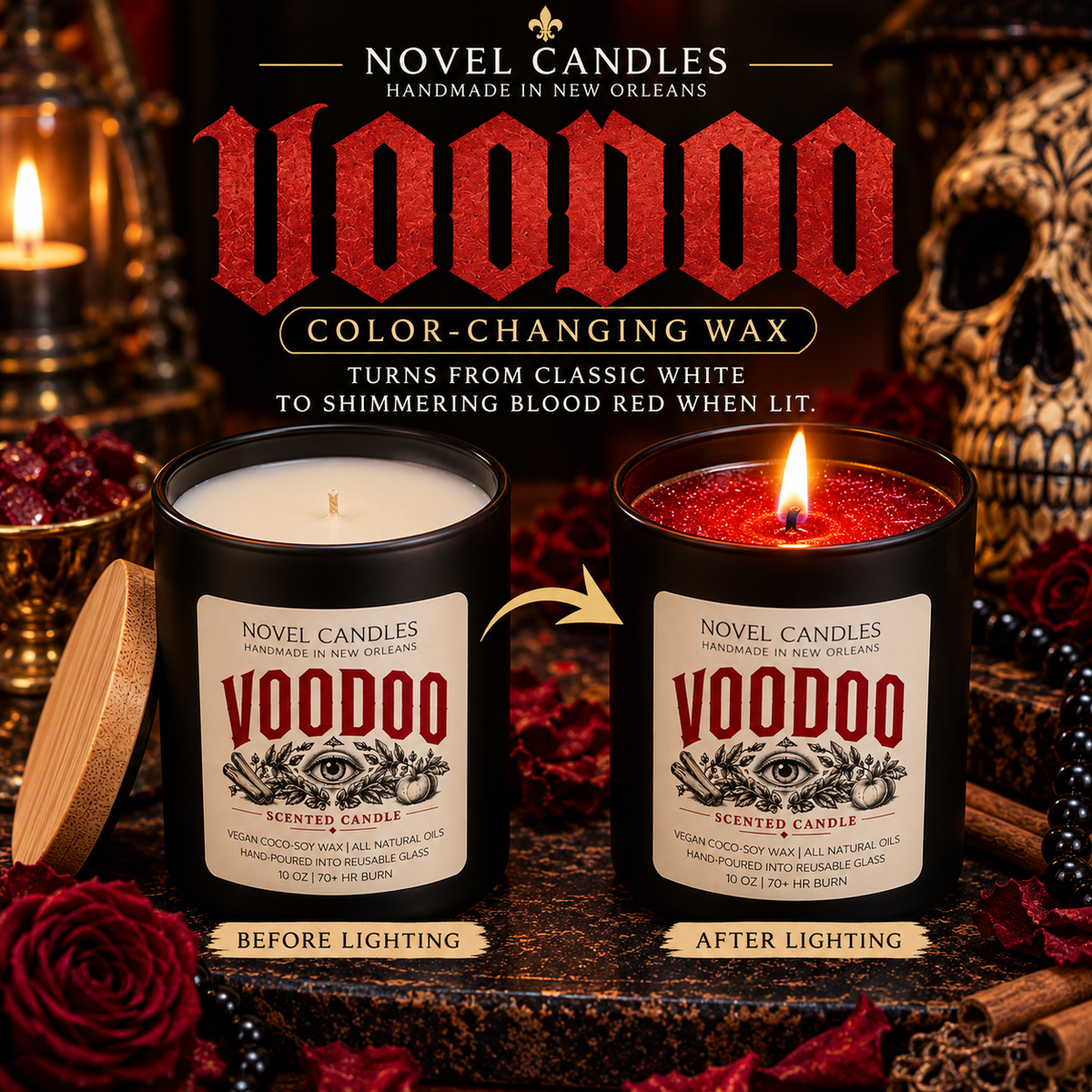 VOODOO Candle: Apple Cinnamon Palo Santo Sage Scented, Color-Changing Wax, Made in New Orleans Themed Halloween Fall Witchy Candle