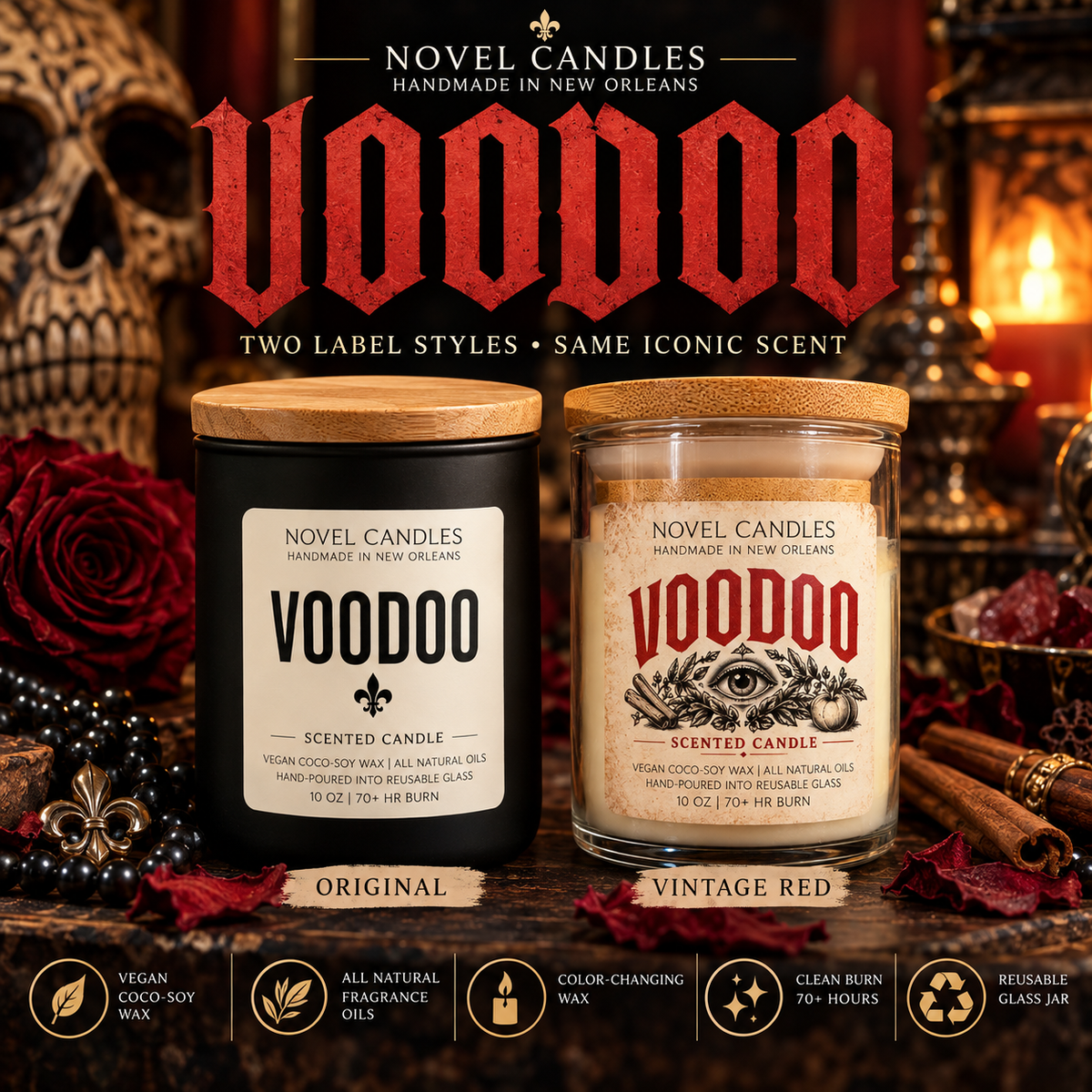 VOODOO Candle: Apple Cinnamon Palo Santo Sage Scented, Color-Changing Wax, Made in New Orleans Themed Halloween Fall Witchy Candle
