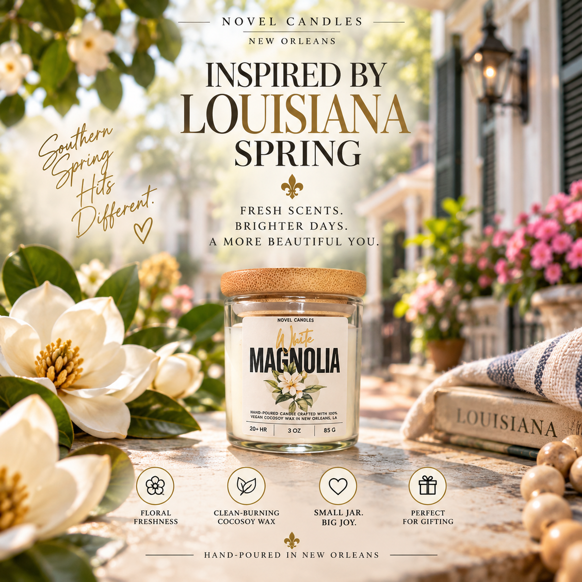 White Magnolia Scented Candle • Fresh Floral, Jasmine & Gardenia Scent, Handmade in New Orleans, Southern Home Decor in Reusable Glass