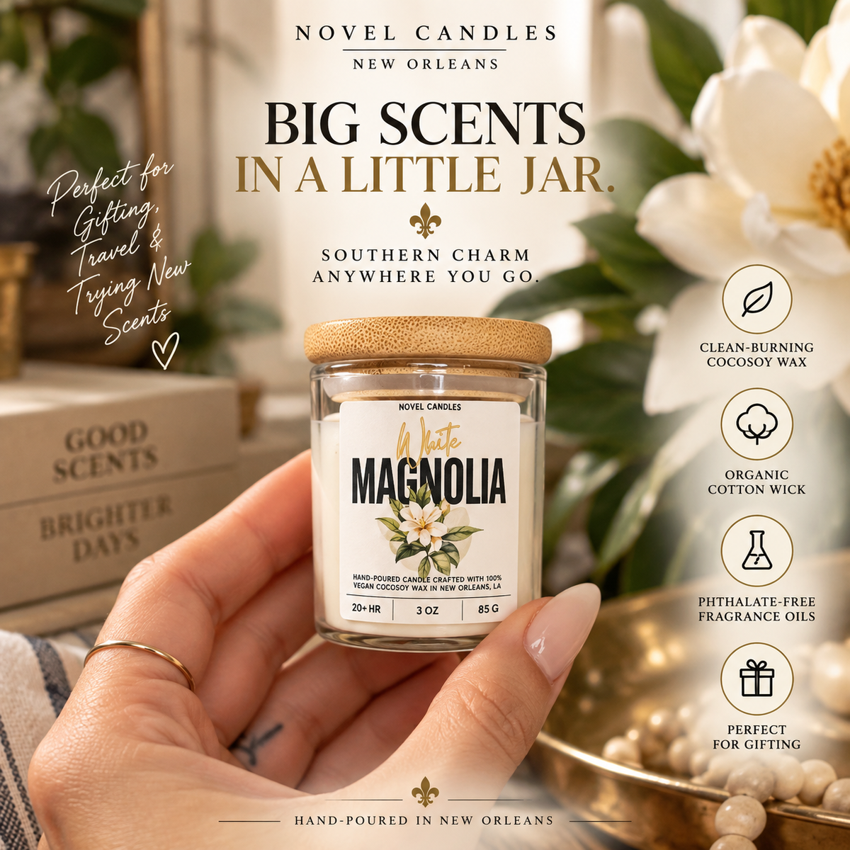 White Magnolia Scented Candle • Fresh Floral, Jasmine & Gardenia Scent, Handmade in New Orleans, Southern Home Decor in Reusable Glass