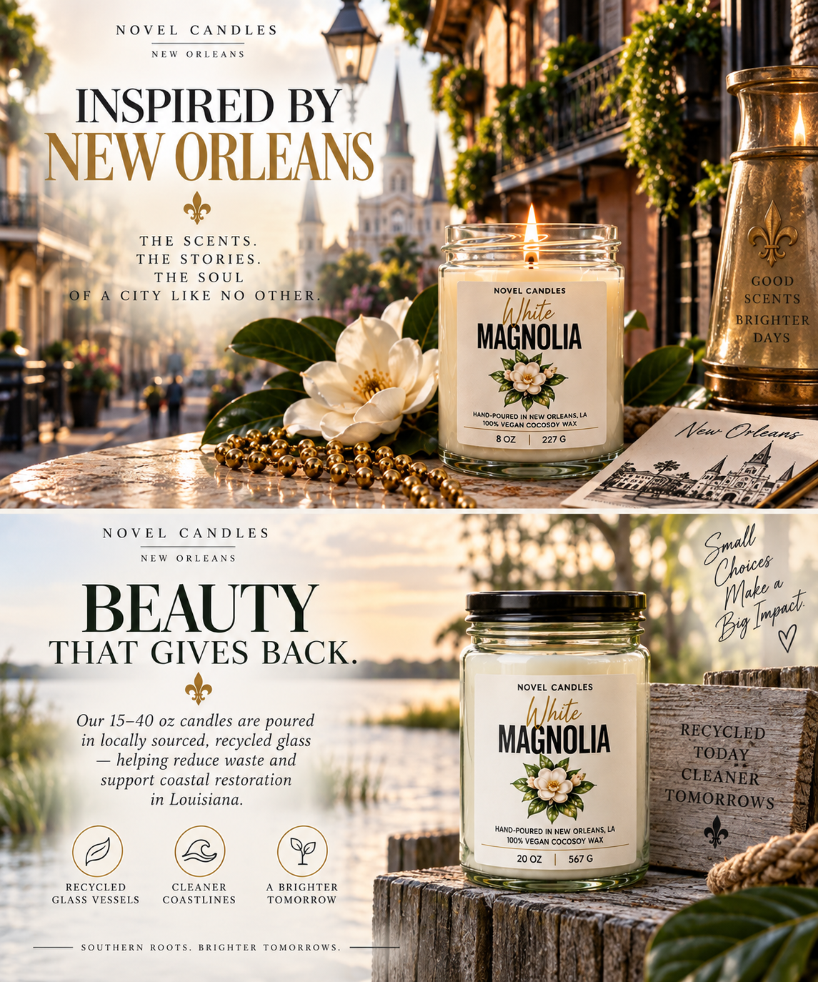 White Magnolia Scented Candle • Fresh Floral, Jasmine & Gardenia Scent, Handmade in New Orleans, Southern Home Decor in Reusable Glass