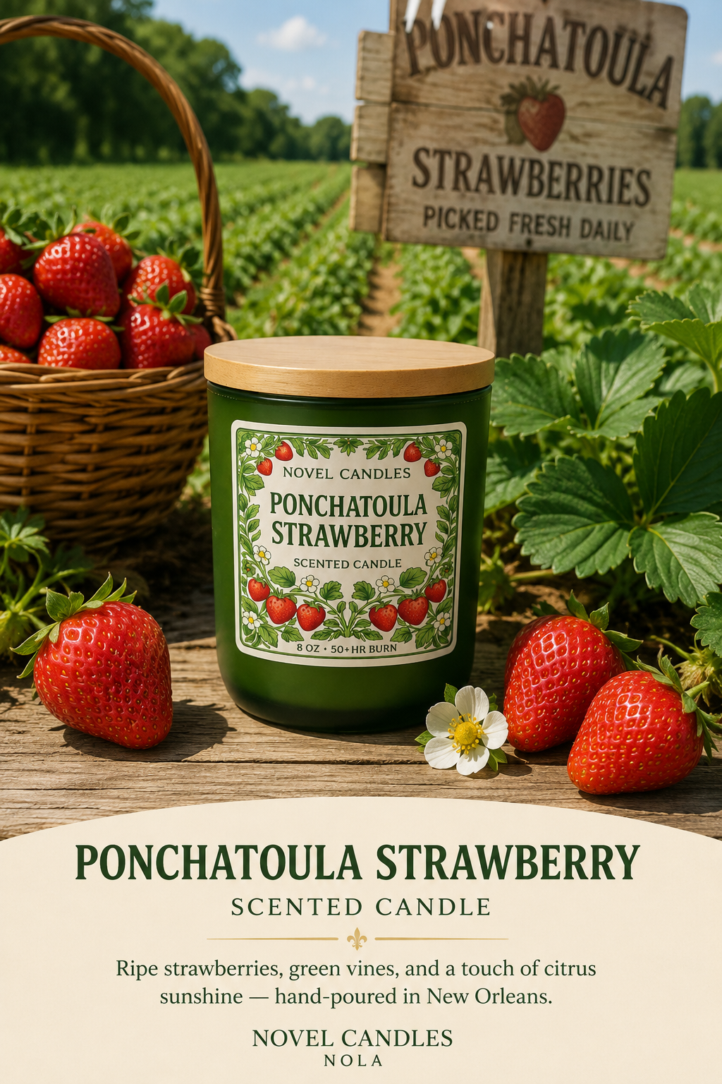 Ponchatoula Strawberry Candle – Fresh Louisiana Strawberry & Green Vine Scent | Hand-Poured in New Orleans