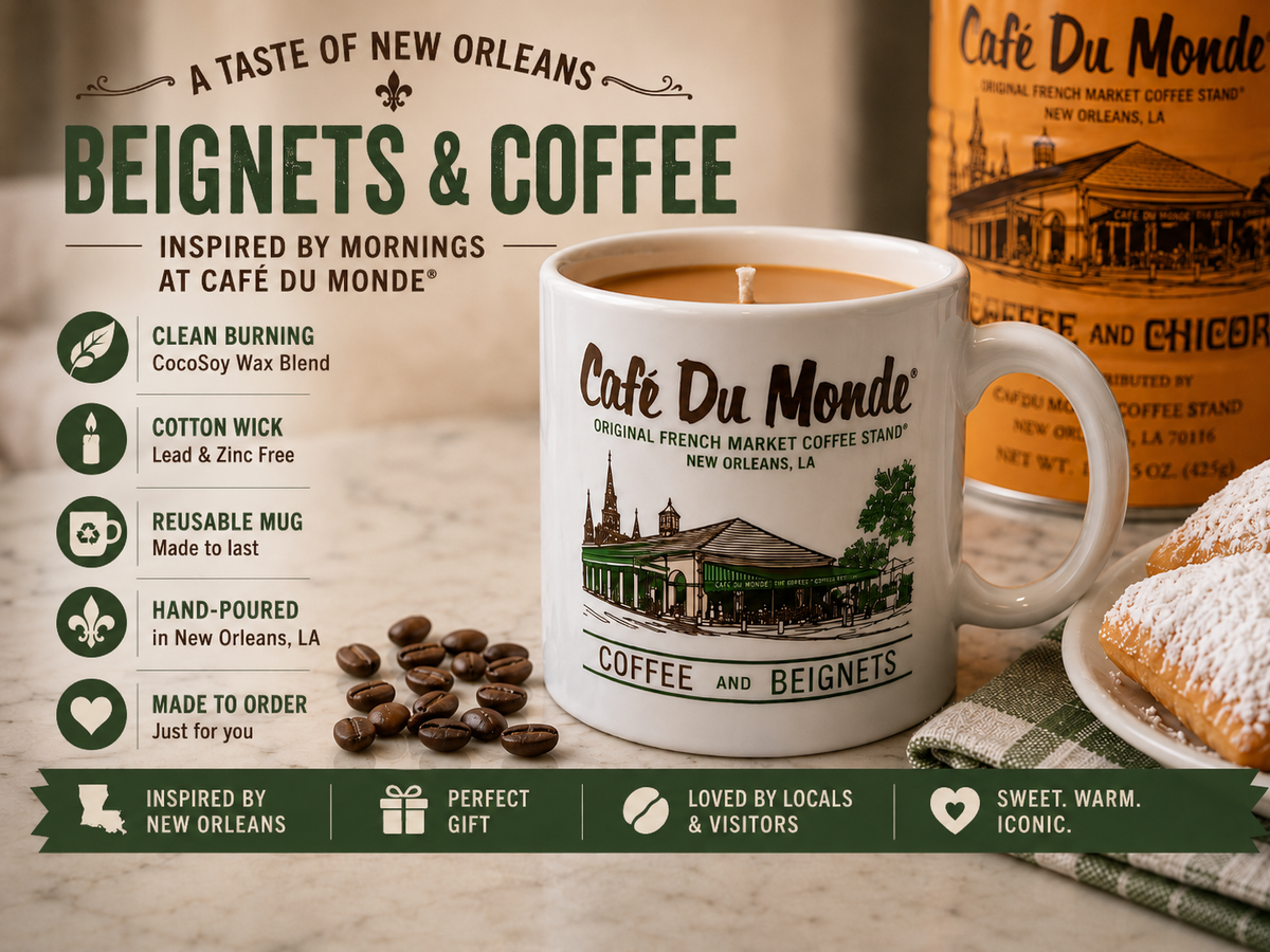 Official Cafe Du Monde Mug Candle – Beignets & Coffee Scent, 10oz Reusable Coffee Mug, New Orleans Souvenir Gift
