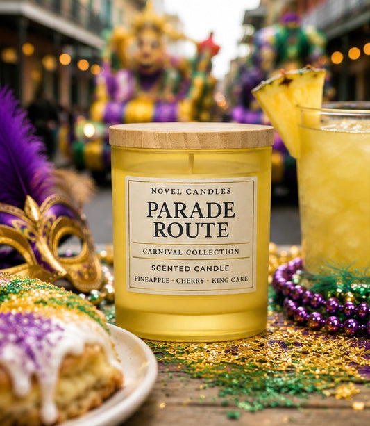 Parade Route Scented Candle — Mardi Gras Themed Gift with Wood Lid, Pineapple, Cherry, Coconut Scent, Made in New Orleans