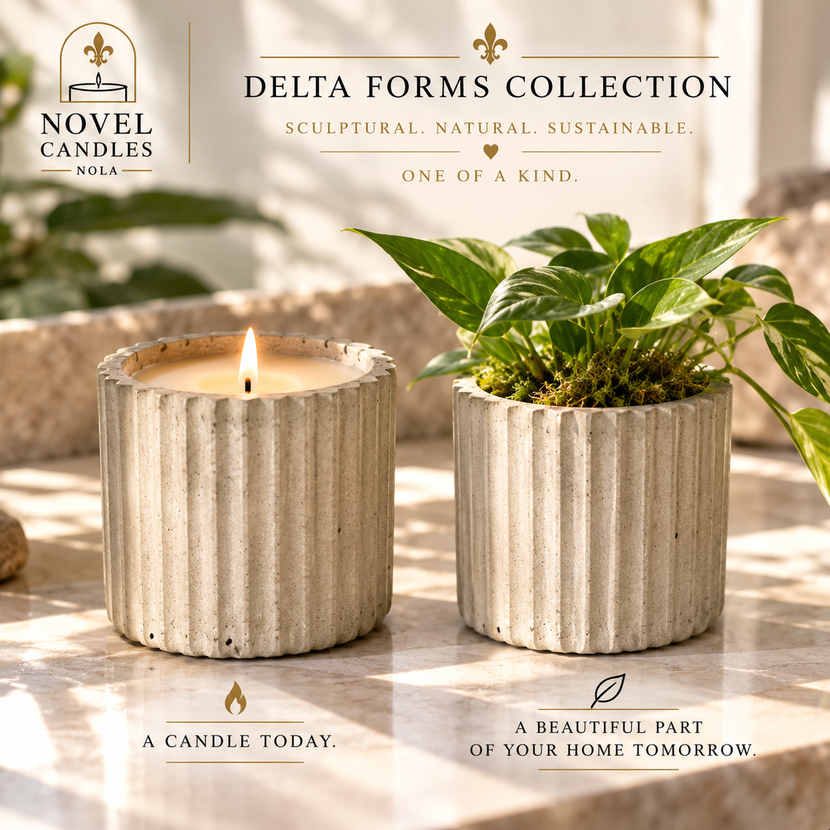 Delta Forms Collection | Luxury Coco-Soy Candles in Handcrafted Recycled Glass & Reusable Concrete Vessels