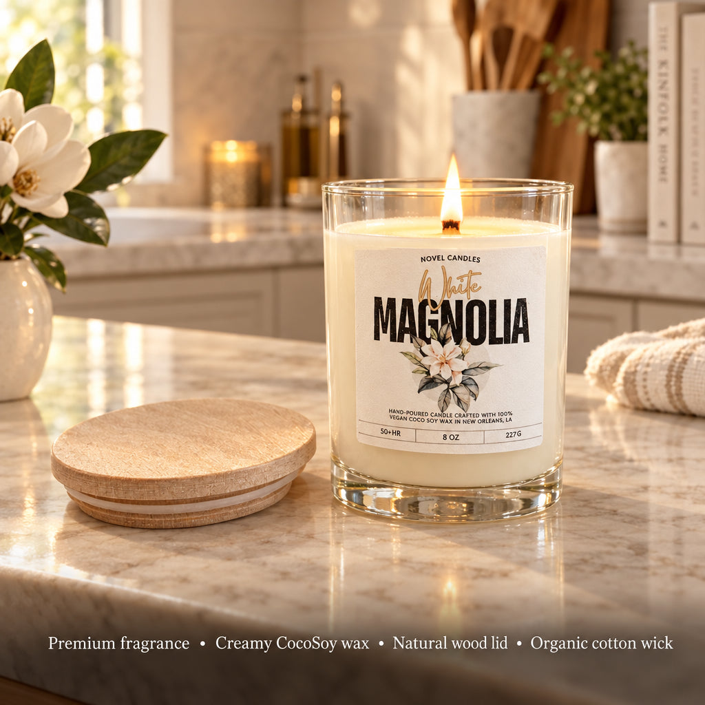 White Magnolia Scented Candle • Fresh Floral, Jasmine & Gardenia Scent, Handmade in New Orleans, Southern Home Decor in Reusable Glass