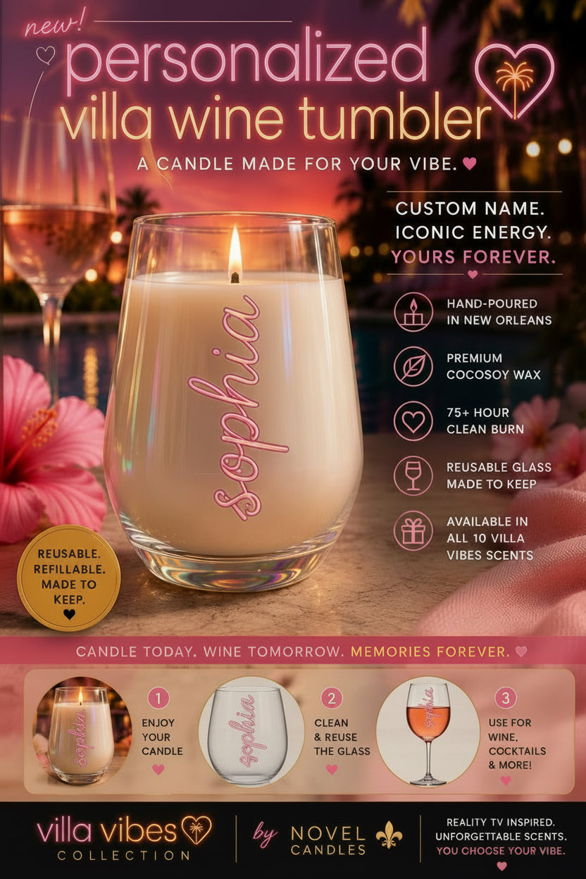 Personalized Villa Wine Tumbler Candle 🏝️ | Fiji Island USA Villa Inspired Coconut Soy Candles | Tropical Vacation Scented | Summer Gift | Limited Edition