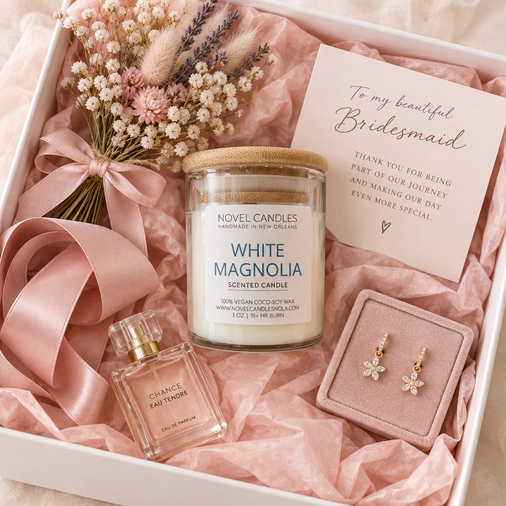 White Magnolia Scented Candle • Fresh Floral, Jasmine & Gardenia Scent, Handmade in New Orleans, Southern Home Decor in Reusable Glass