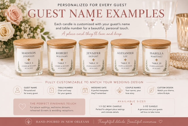 Personalized Wedding Place Card Candle | Custom Wedding Favor | Guest Name Candle | Table Number Candle | Wedding Reception Decor