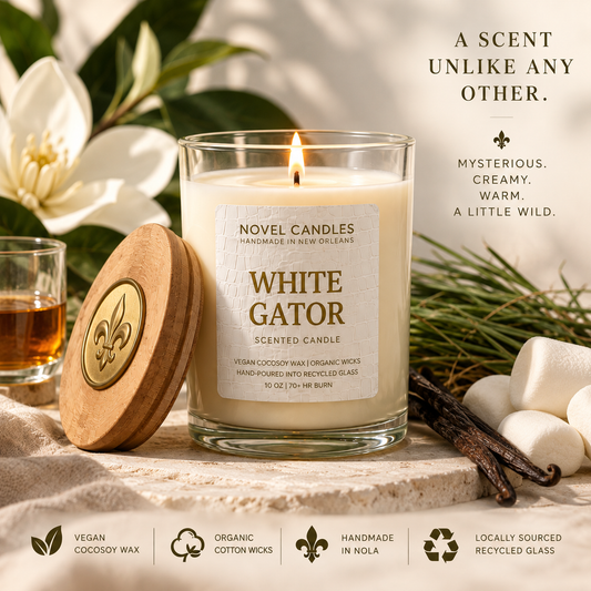White Gator Candle — Gourmand Vanilla Marshmallow Scent, Handmade in New Orleans Louisiana, Recycled Glass