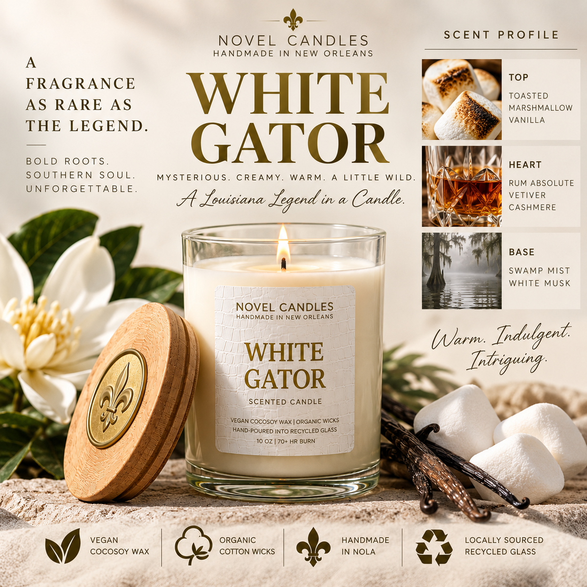 White Gator Candle — Gourmand Vanilla Marshmallow Scent, Handmade in New Orleans Louisiana, Recycled Glass