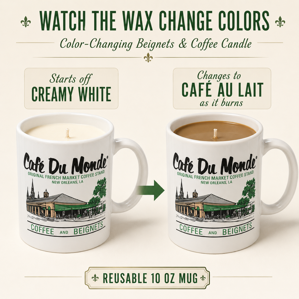 Official Cafe Du Monde Mug Candle – Beignets & Coffee Scent, 10oz Reusable Coffee Mug, New Orleans Souvenir Gift
