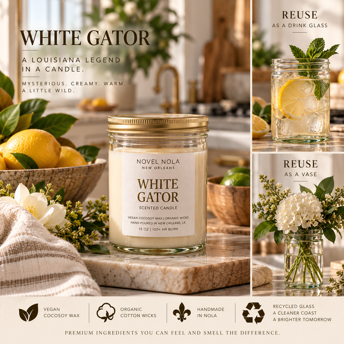 White Gator Candle — Gourmand Vanilla Marshmallow Scent, Handmade in New Orleans Louisiana, Recycled Glass