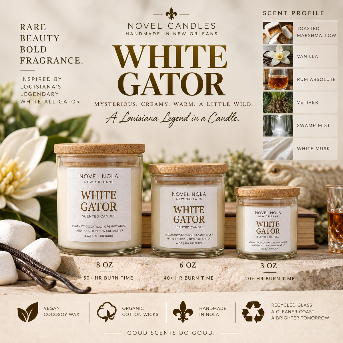 White Gator Candle — Gourmand Vanilla Marshmallow Scent, Handmade in New Orleans Louisiana, Recycled Glass