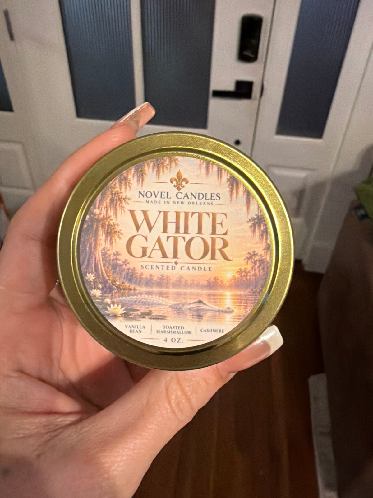 4 oz Gold Tin White Gator Candle | New Orleans Candle, Vanilla, Cashmere, Marshmallow Cream, Rum & Vetiver Scent | Louisiana Gift