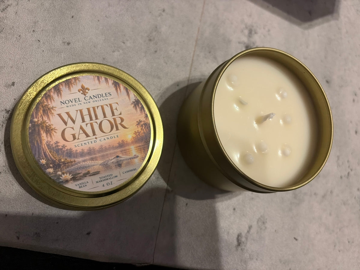 4 oz Gold Tin White Gator Candle | New Orleans Candle, Vanilla, Cashmere, Marshmallow Cream, Rum & Vetiver Scent | Louisiana Gift