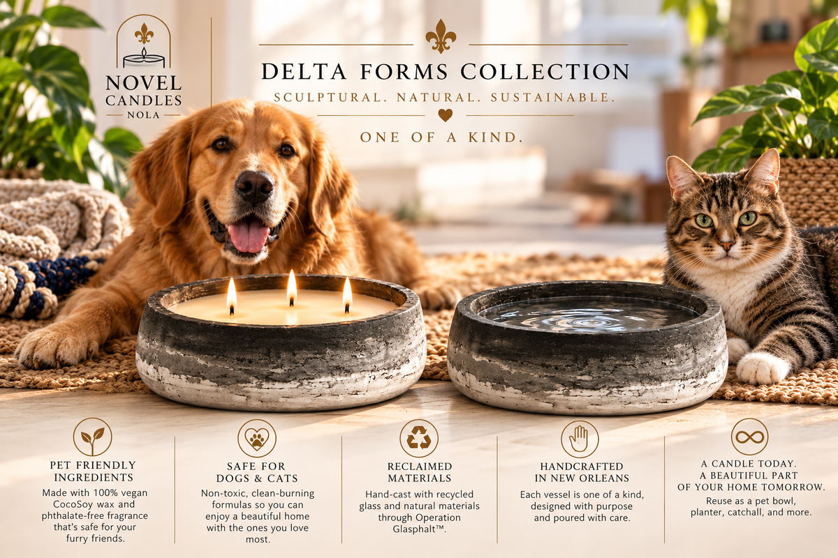 Delta Forms Collection | Luxury Coco-Soy Candles in Handcrafted Recycled Glass & Reusable Concrete Vessels