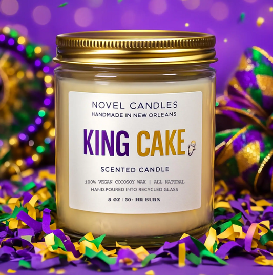 King Cake Candle – Mardi Gras Dessert Scent, Cinnamon Sugar Vanilla, New Orleans Gift, Purple Gold Green Candle with Baby Inside