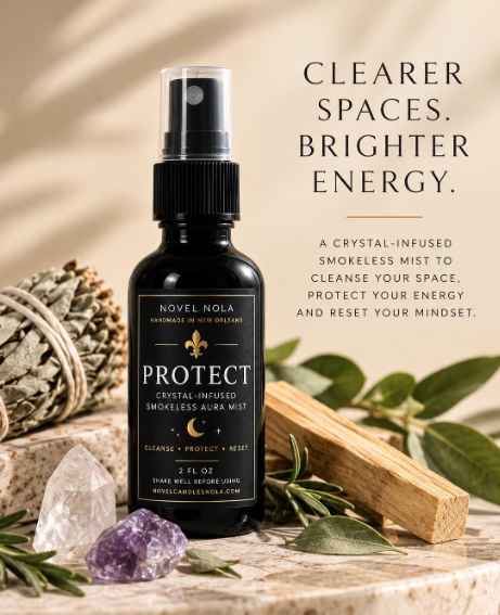 A bottle of Novel Nola Protect Crystal Infused Smokeless Aura Mist stands on a stone surface with crystals, rosemary, a wooden stick, and dried herbs around it. Text on the right reads 'Clearer Spaces.
