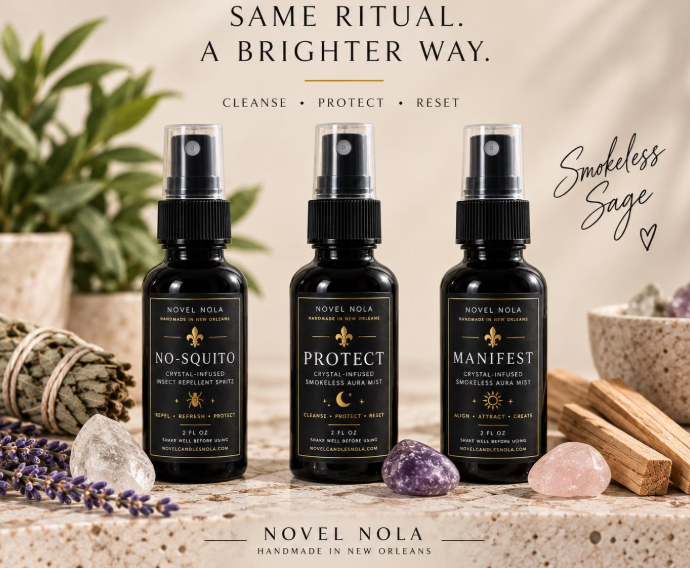 Three black spray bottles labeled No-Suito, Protect, and Manifest by Novel Nola are arranged on a stone surface with crystals, lavender, wood, and greenery in a styled indoor setting. Text at the top reads 'Same Ritual.