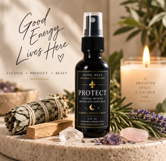 A bottle of Novel Nola Protect Crystal-Infused Smokeless Aura Mist is displayed on a stone tray with a sage bundle, crystals, and a lit candle in a cozy, warm setting. The background features a soft-focus view of a bedroom with a bed and plants, and the text 'Good Energy Lives Here' is written on the left.