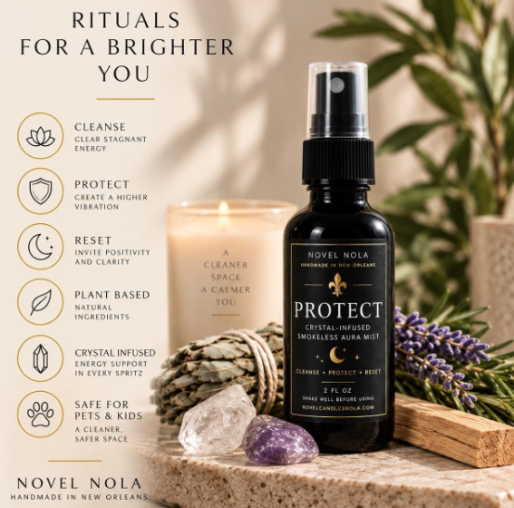 Novel Nola Protect Crystal-Infused Air Mint spray bottle displayed on a rustic stone surface with a lit candle, crystals, and lavender sprigs in a warm, natural setting. The left side features informational text and icons about the product's benefits.