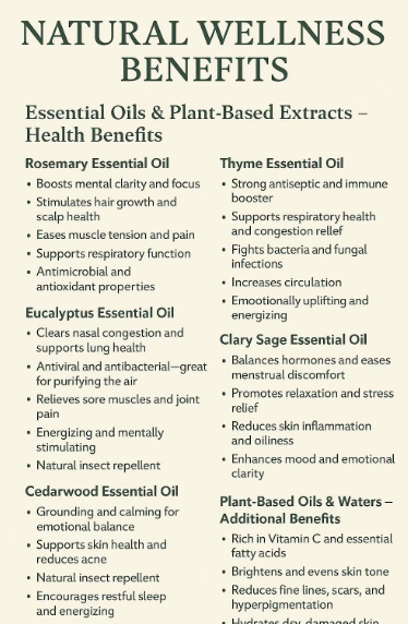 A text-based infographic titled 'NATURAL WELLNESS BENEFITS' listing health benefits of essential oils and plant-based extracts, including Rosemary Essential Oil, Eucalyptus Essential Oil, Cedarwood Essential Oil, Thyme Essential Oil, and Clary Sage Essential Oil, plus plant-based oils and waters. The background is a warm cream/beige tone with dark green and black text.