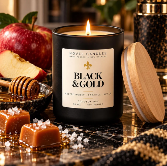 Black & Gold Candle, Salted Honey Caramel Fresh Apple Herbs Scent, New Orleans Candle, Unisex Fall Candle, Louisiana Gift, Game Day Gift