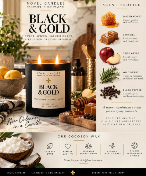 Black & Gold Candle, Salted Honey Caramel Fresh Apple Herbs Scent, New Orleans Candle, Unisex Fall Candle, Louisiana Gift, Game Day Gift