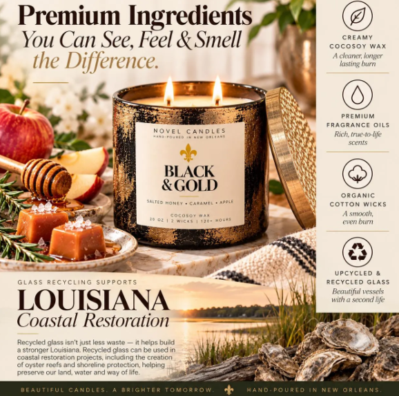 Black & Gold Candle, Salted Honey Caramel Fresh Apple Herbs Scent, New Orleans Candle, Unisex Fall Candle, Louisiana Gift, Game Day Gift