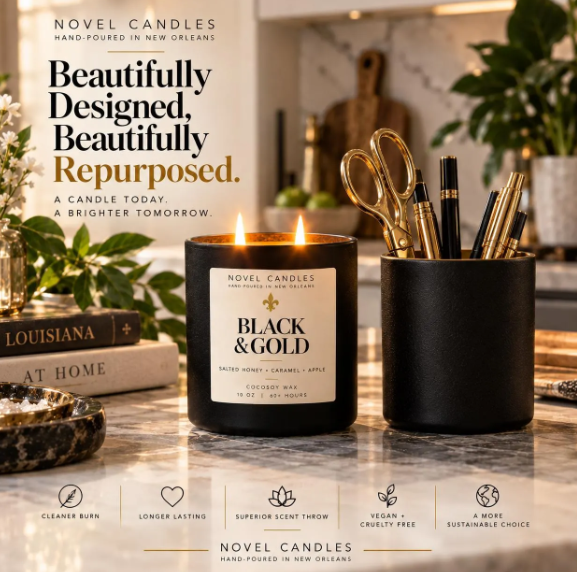 Black & Gold Candle, Salted Honey Caramel Fresh Apple Herbs Scent, New Orleans Candle, Unisex Fall Candle, Louisiana Gift, Game Day Gift