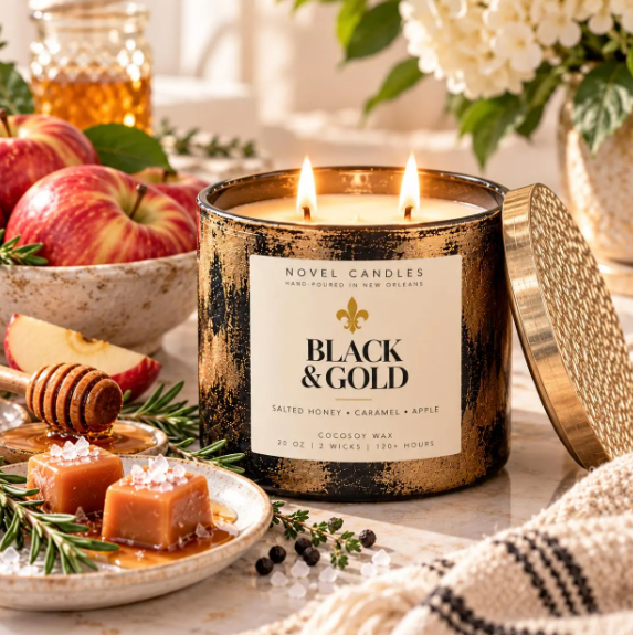 Black & Gold Candle, Salted Honey Caramel Fresh Apple Herbs Scent, New Orleans Candle, Unisex Fall Candle, Louisiana Gift, Game Day Gift