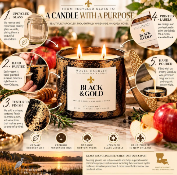 Black & Gold Candle, Salted Honey Caramel Fresh Apple Herbs Scent, New Orleans Candle, Unisex Fall Candle, Louisiana Gift, Game Day Gift